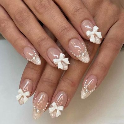 24pcs White French Tip Press on Nails Medium Almond Bow Fake Nails With Design Charm Pearl Glue on Nails Glossy False Nails Reusable Bow Acrylic Nails for Women Girls Nail Decoration Supplies