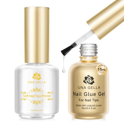 UNA GELLA Gel Nail Glue &amp; Tips Primer Set - 15ml Long Lasting Strong Brush 6 IN 1 Nail Glue for Clear Nails Tips, Buff Finish With Primer, UV Lamp Curing Needed, DIY Salon at Home