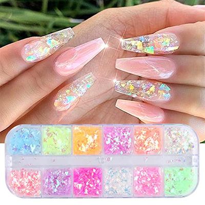 Mermaid Flake Nail Glitter Sequins, CHANGAR Iridescent Ice Slag Colorful Fluorescent Glass Paper Nail Sticker Holographic Nail Glitter for Make Up DIY Nail Decoration