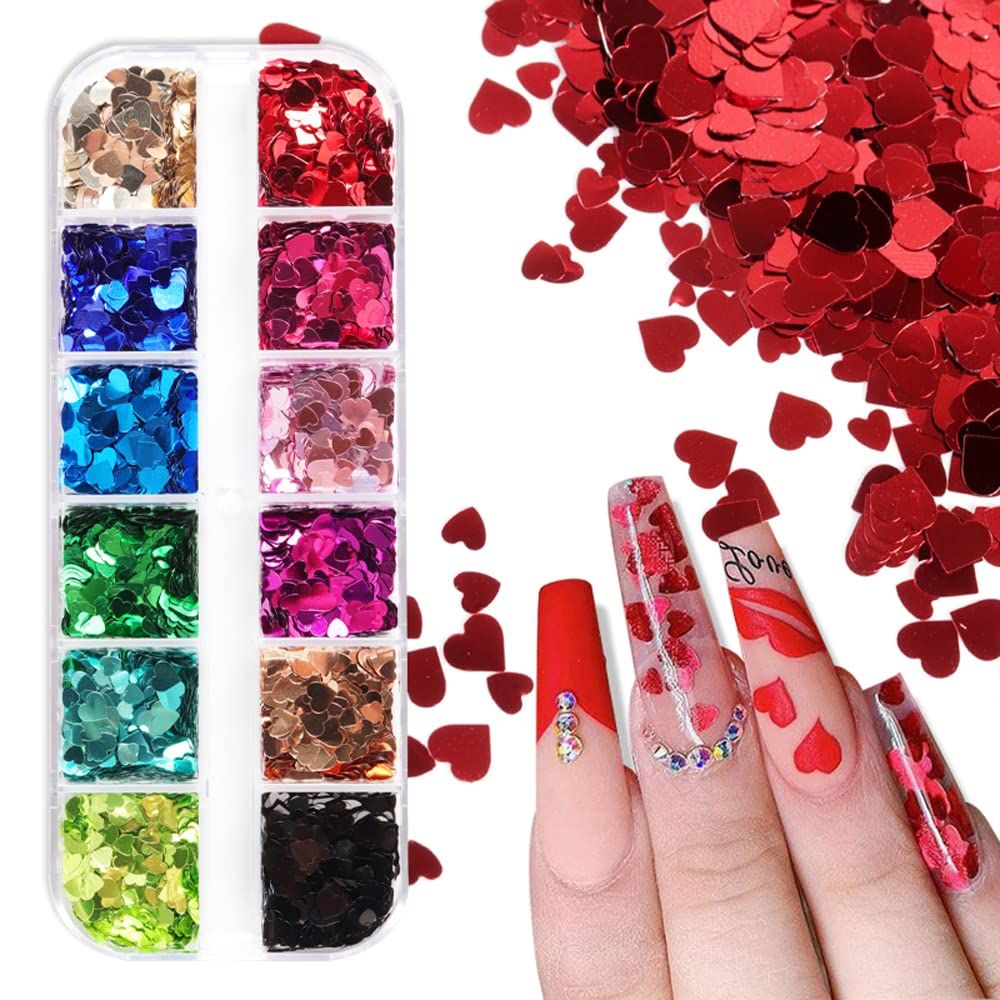Heart Glitter Sequins for Valentines Day Nail Art,12 Colors 3D Holographic Sparkles Heart Shape Flakes Sticker Confetti Glitter Nail Decals for Nail Decoration Eye Face Body DIY Crafts