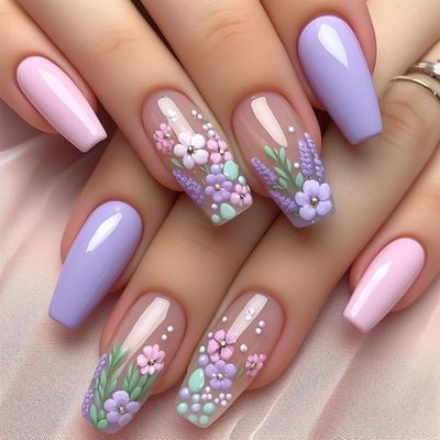 French Flower Press on Nails Coffin Medium Fake Nails Glossy Purple Glue on Nails Spring Summer False Nails Full Cover Stick on Nails Cute Acrylic Artificial Nails Floral Nails Press on for Women