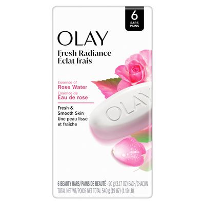Olay Beauty Bar, Fresh Radiance, Nourishing &amp; Refreshing Formula, Pampering for Smooth &amp; Gentle Skin, Vitamin B3 Complex, Essence of Rose Water Scent, 3.17 oz (Pack of 6)
