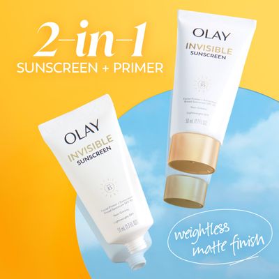 Olay Invisible Sunscreen, SPF 35, 100 Invisible Facial Sunscreen and Makeup Primer - Fragrance-Free, Weightless, No White Cast Broad Spectrum Sun Protection with Vitamin C &amp; E, Aloe Vera, 1.7 Oz