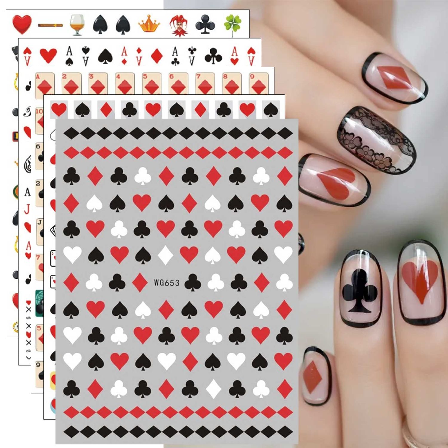 JMEOWIO 8 Sheets Poker Nail Art Stickers Decals Self-Adhesive Pegatinas Uas Black Red Heart Nail Supplies Nail Art Design Decoration Accessories