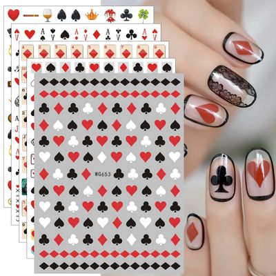 JMEOWIO 8 Sheets Poker Nail Art Stickers Decals Self-Adhesive Pegatinas Uas Black Red Heart Nail Supplies Nail Art Design Decoration Accessories