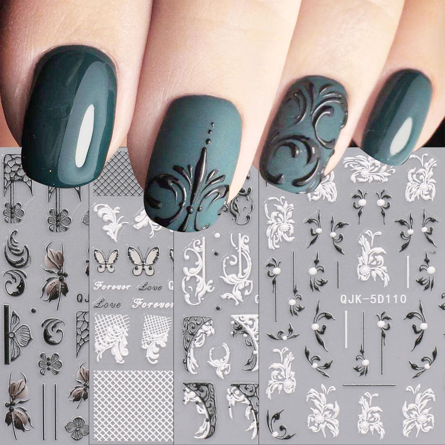 JMEOWIO 3D Embossed Flower Black White Nail Art Stickers Decals Self-Adhesive Pegatinas Uas 5D Leaves Line Nail Supplies Nail Art Design Decoration Accessories 4 Sheets