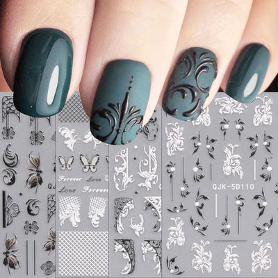 JMEOWIO 3D Embossed Flower Black White Nail Art Stickers Decals Self-Adhesive Pegatinas Uas 5D Leaves Line Nail Supplies Nail Art Design Decoration Accessories 4 Sheets