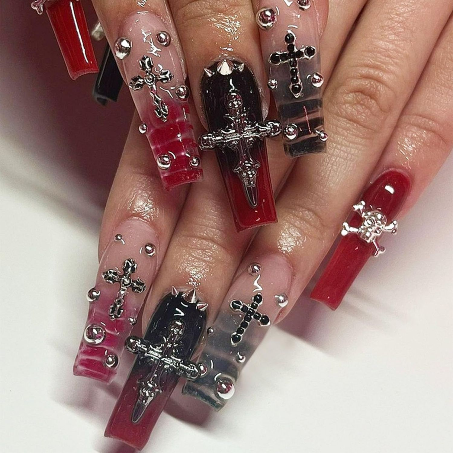 IMRAIN Long Press on Nails Square Red Black Gradient Fake Nails Punk Cross &amp; Rivets Glue on Nails Full Cover Acrylic Stick on False Nails Y2K Squoval Nails Manicure for Women Girls