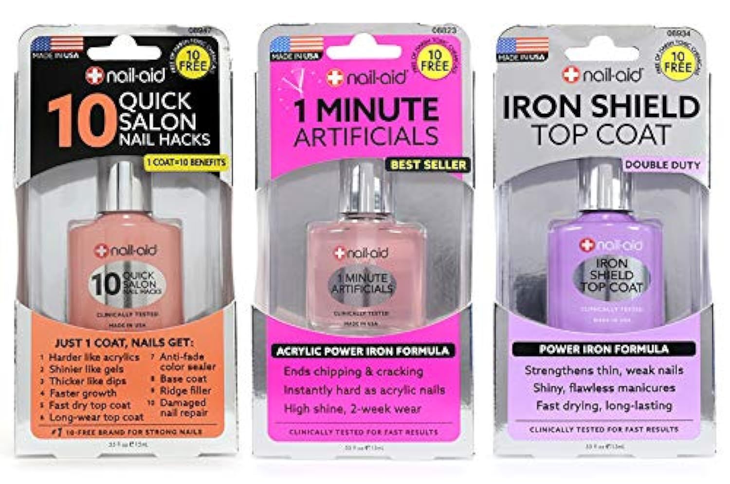 Nail-Aid 3pk Of 10 Quick Hacks 1 Minute Artificials Iron Shield Top Coat, Clear, N/A, 1.65 Fl Ounce