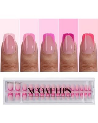 BTArtboxnails XCOATTIPS Pink French Tip Press On Nails - Short Press On Nails Square, Soft Gel Nail Tips, 160Pcs Soak Off Acrylic Pink Fake Nail Extension in 16 Sizes