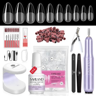 SAVILAND Almond Gel Nail Kit - Nail Drill with U V Lamp for Nails 500PCS Almond Nail Tips Gel SSProTip X Kit Easy Use Manicure Tool for Manicure Design at Home DIY Salon Gift for Women