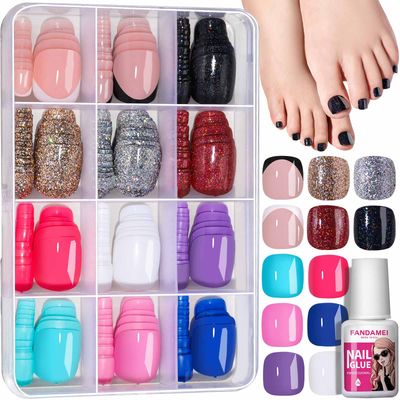 FANDAMEI Press on Toe Nails, 12 Colors 288PCS Press on Toenails Short Square, 4 Glitter Press on Toenails Full Cover, 6 Glossy False Toenails for Feet, 2 Press on Toenails French Tip for Nail