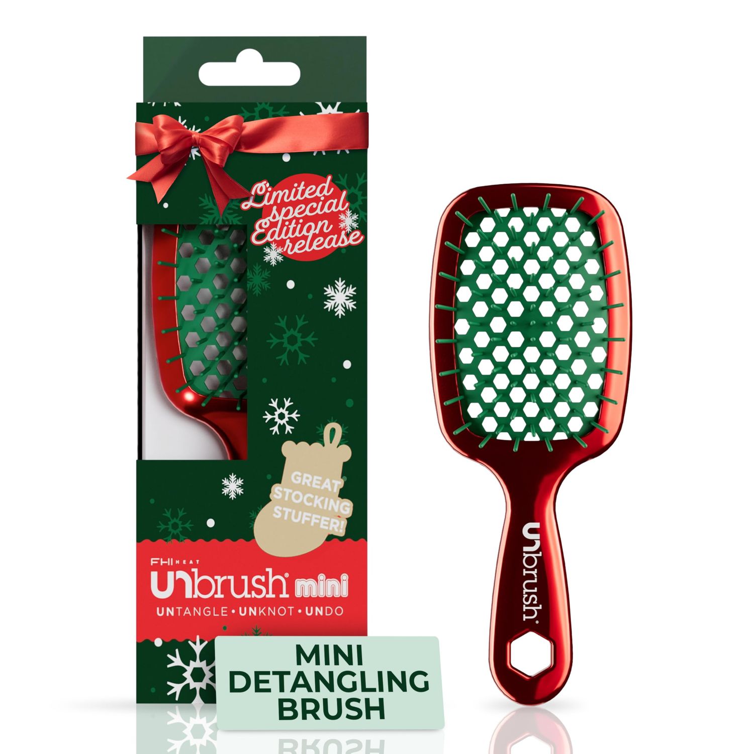 UNbrush Mini Holiday Hair Brush for Pain-Free Brushing On All Wet/Dry Hair Types - Mini UNbrush Detangling Brush with Durable Anti-Static Bristles, Lightweight &amp; Vented - Christmas Hair Care Gifts