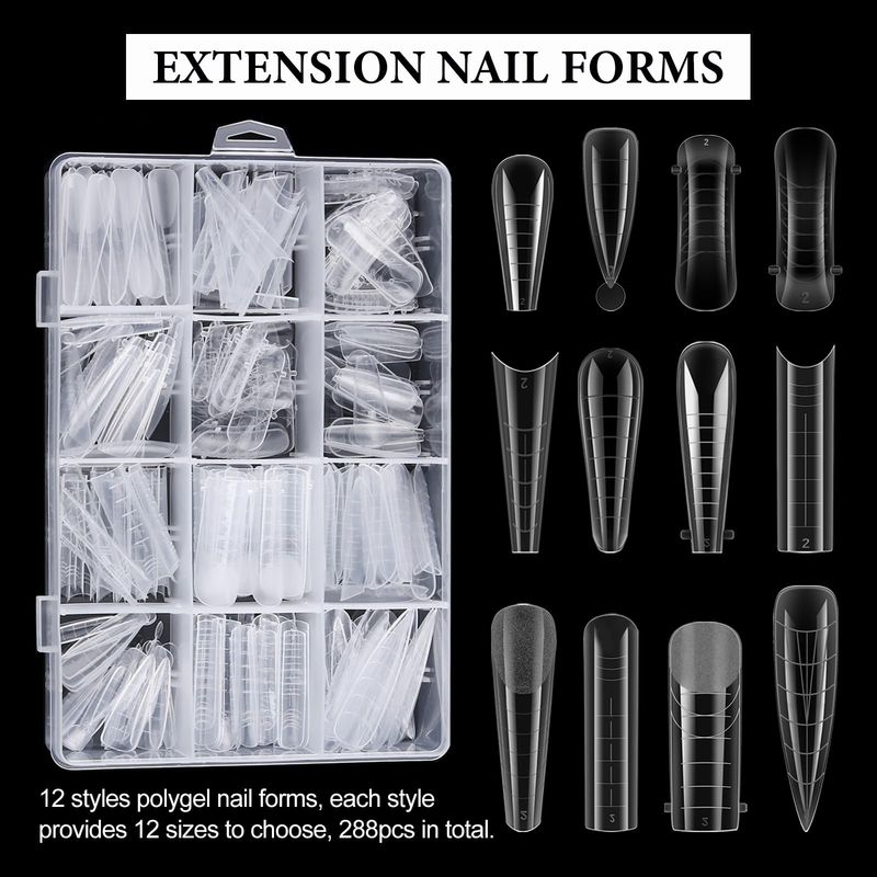 SUTOKAKA 288Pcs Polygel Nail Form Kit 12 Style 12 Sizes Reusable Nail Extension Mold Dual Forms with 6Pcs Nail Clips, Nail Slip Solution, Brush Pen, Nail File &amp; Cuticle Pusher for Beginners