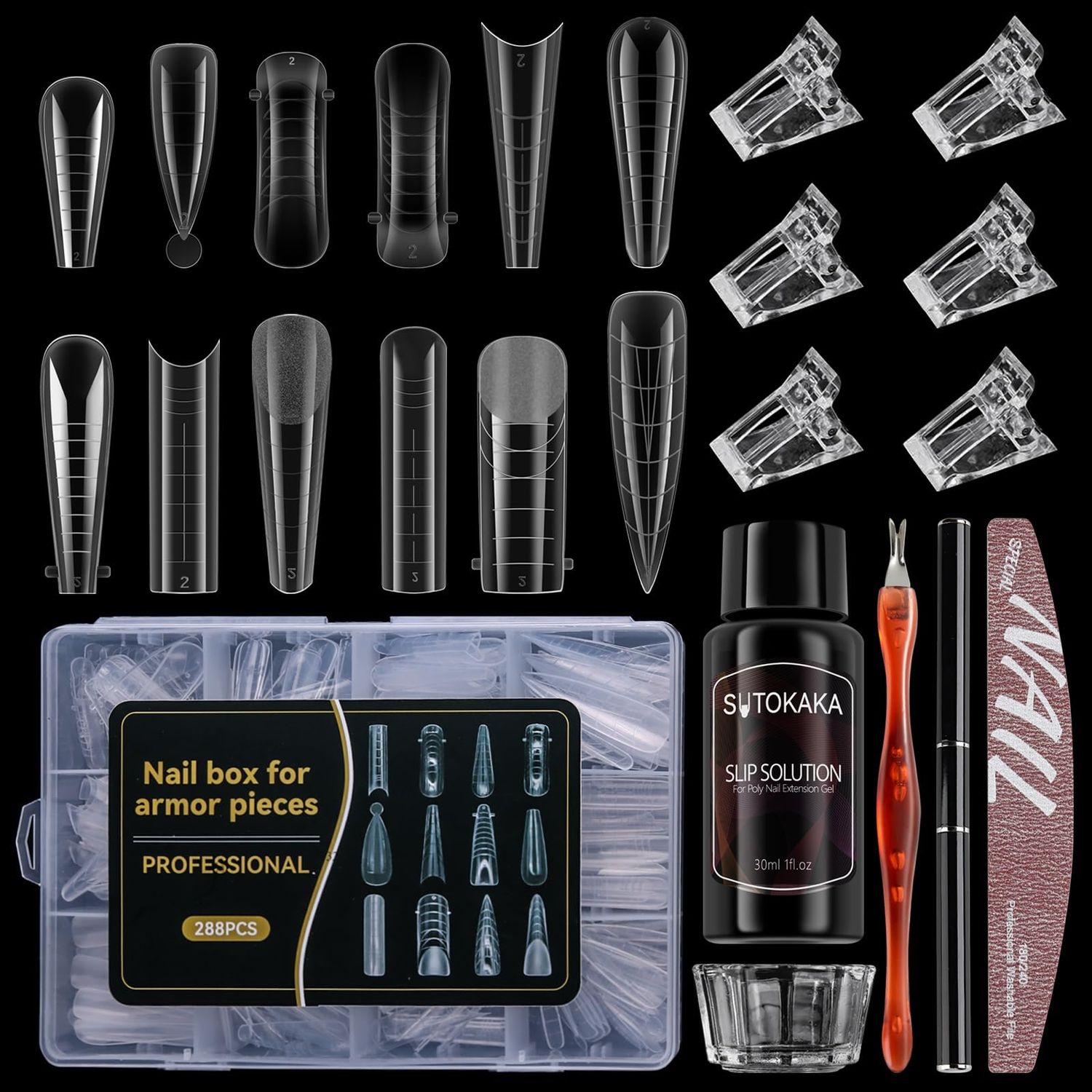 SUTOKAKA 288Pcs Polygel Nail Form Kit 12 Style 12 Sizes Reusable Nail Extension Mold Dual Forms with 6Pcs Nail Clips, Nail Slip Solution, Brush Pen, Nail File &amp; Cuticle Pusher for Beginners