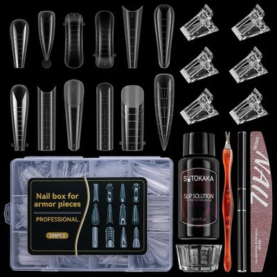 SUTOKAKA 288Pcs Polygel Nail Form Kit 12 Style 12 Sizes Reusable Nail Extension Mold Dual Forms with 6Pcs Nail Clips, Nail Slip Solution, Brush Pen, Nail File &amp; Cuticle Pusher for Beginners