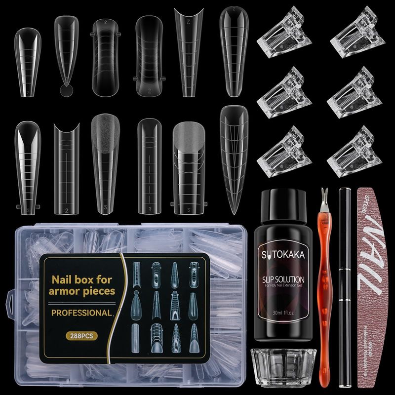 SUTOKAKA 288Pcs Polygel Nail Form Kit 12 Style 12 Sizes Reusable Nail Extension Mold Dual Forms with 6Pcs Nail Clips, Nail Slip Solution, Brush Pen, Nail File &amp; Cuticle Pusher for Beginners