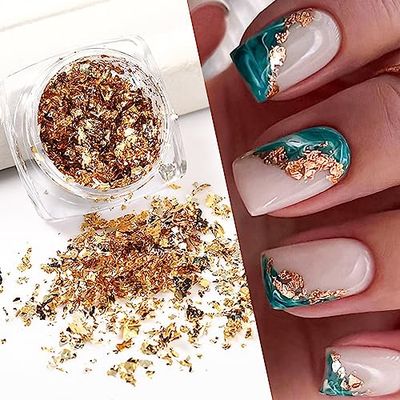 2 Bottles Gold Foil for Nails - Golden Glitter Design, Foil Fragments and Irregular Flakes for 3D Nail Sequins Decoration