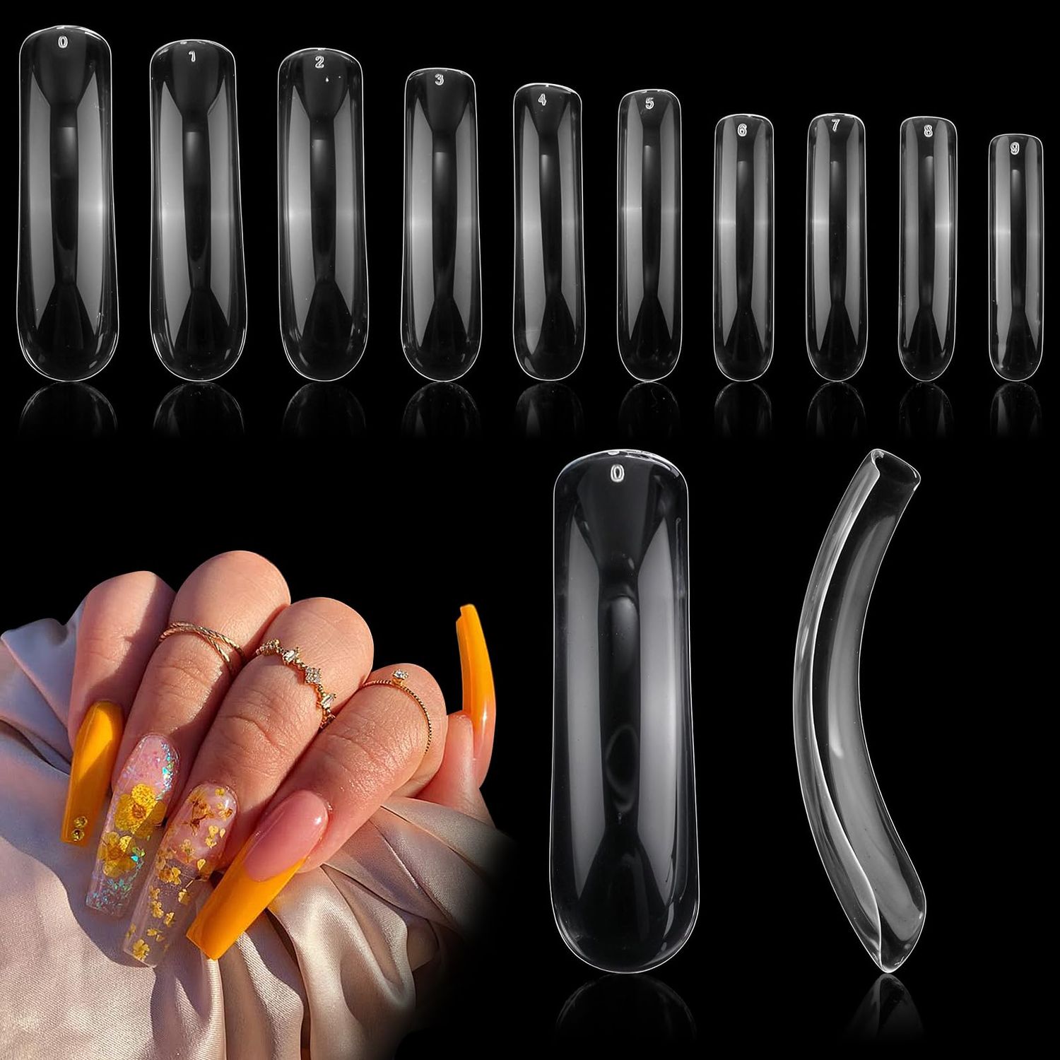 500 PCS Curved Nail Tips Transparent Long C Curve Nail Tips 10 Sizes Curved Press on Nails DIY Nail Salon for Women
