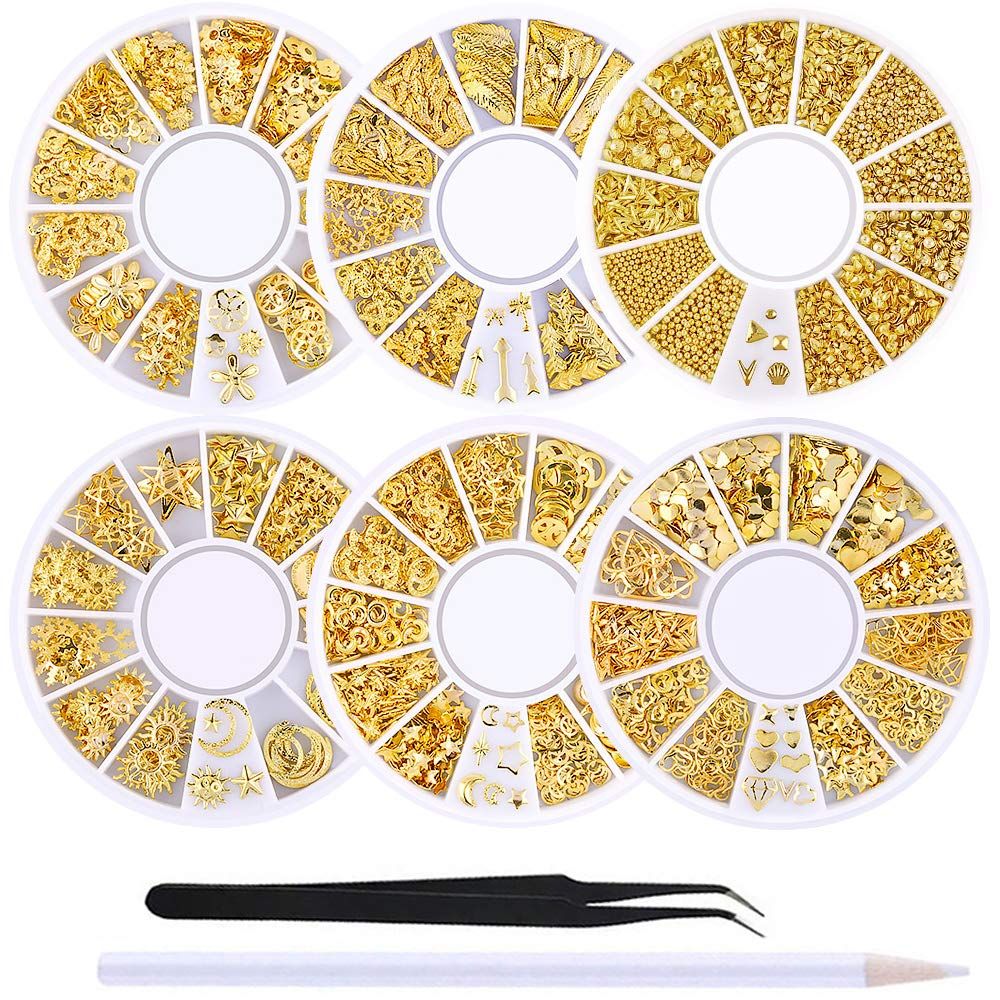 WOKOTO 6 Boxes Gold Nail Charms Studs Rose Star Moon Feather Shape Metal Nail 3D Charm Kit 3D Nail Art Jewelry Decoration With 1Pc Tweezers And Picker Pencil Tools
