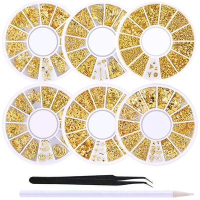 WOKOTO 6 Boxes Gold Nail Charms Studs Rose Star Moon Feather Shape Metal Nail 3D Charm Kit 3D Nail Art Jewelry Decoration With 1Pc Tweezers And Picker Pencil Tools