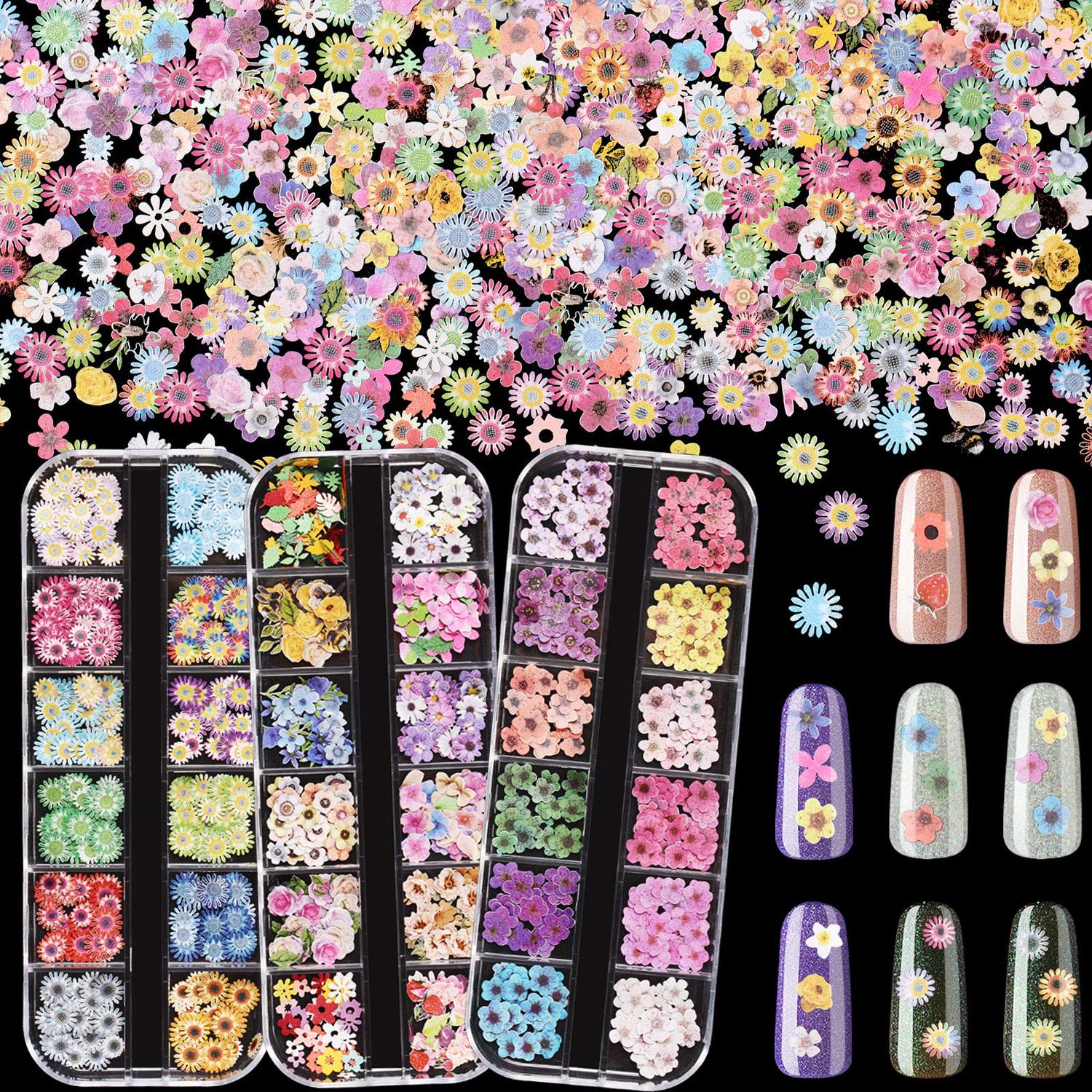 Maitys 3 Boxes 1080 Pcs 3D Flowers for Nails Decals (Not Self Adhesive or Stickers) Colorful Mixed 3D Flower Leaves Wood Pulp Nail Sequins for DIY Manicures