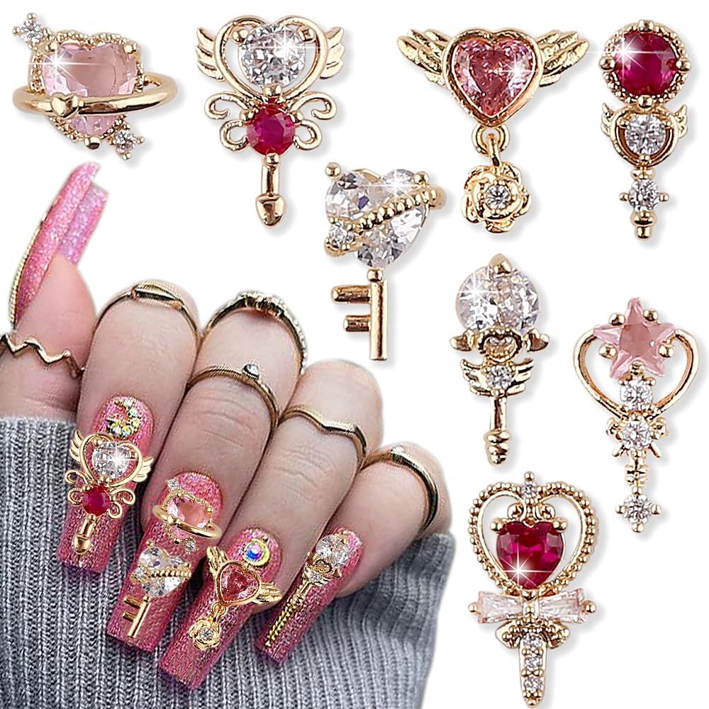 Dornail 8 Pcs 3D Heart Scepter Zircon Nail Charms,Luxury Star Nail Rhinestones Nail Charm Shiny Hearts Stars Magic Wand Nails Charms for Woman DIY Crystals Diamond Nail Art Charms Nail Gems Jewelry