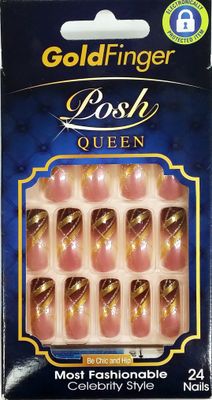 Gold Finger Gel Glam Press on Nail Dark Brown Glitter French Full Cover Luxurious Design, Square shape, Medium Length, MIni Glue Included GF64