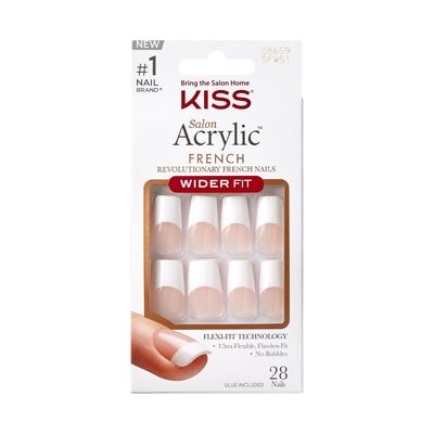 KISS Acrylic French False Nails Kit, Long Coffin Wide Fit Design Nail, Classic White Color French Tip Nails, Ready to Wear Gel &amp; Manicure Stick included, Long-Lasting Convenient &amp; Easy to Apply