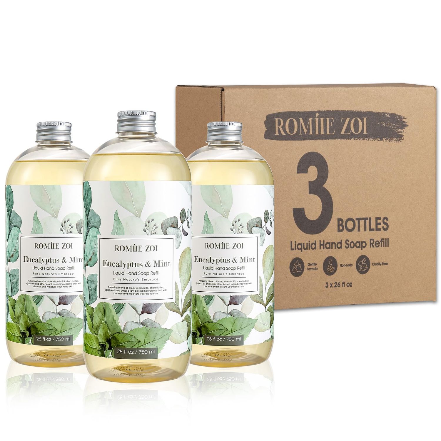 ROMIIE ZOI Eucalyptus &amp; Mint Liquid Hand Soap Refills, Gentle &amp; Moisturizing Formula, Natural Cruelty-Free Soap, Large 750 ML Bottles Bulk for Kitchen, Bathroom, and Dispensers (26 FL OZ, Pack of 3)