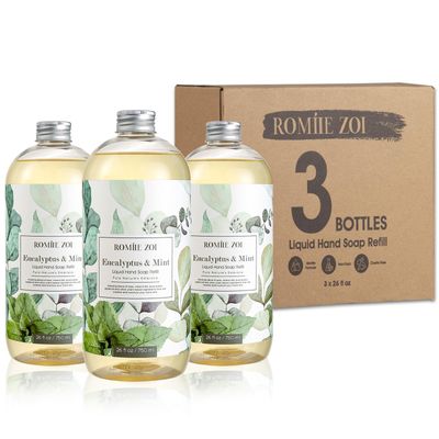 ROMIIE ZOI Eucalyptus &amp; Mint Liquid Hand Soap Refills, Gentle &amp; Moisturizing Formula, Natural Cruelty-Free Soap, Large 750 ML Bottles Bulk for Kitchen, Bathroom, and Dispensers (26 FL OZ, Pack of 3)