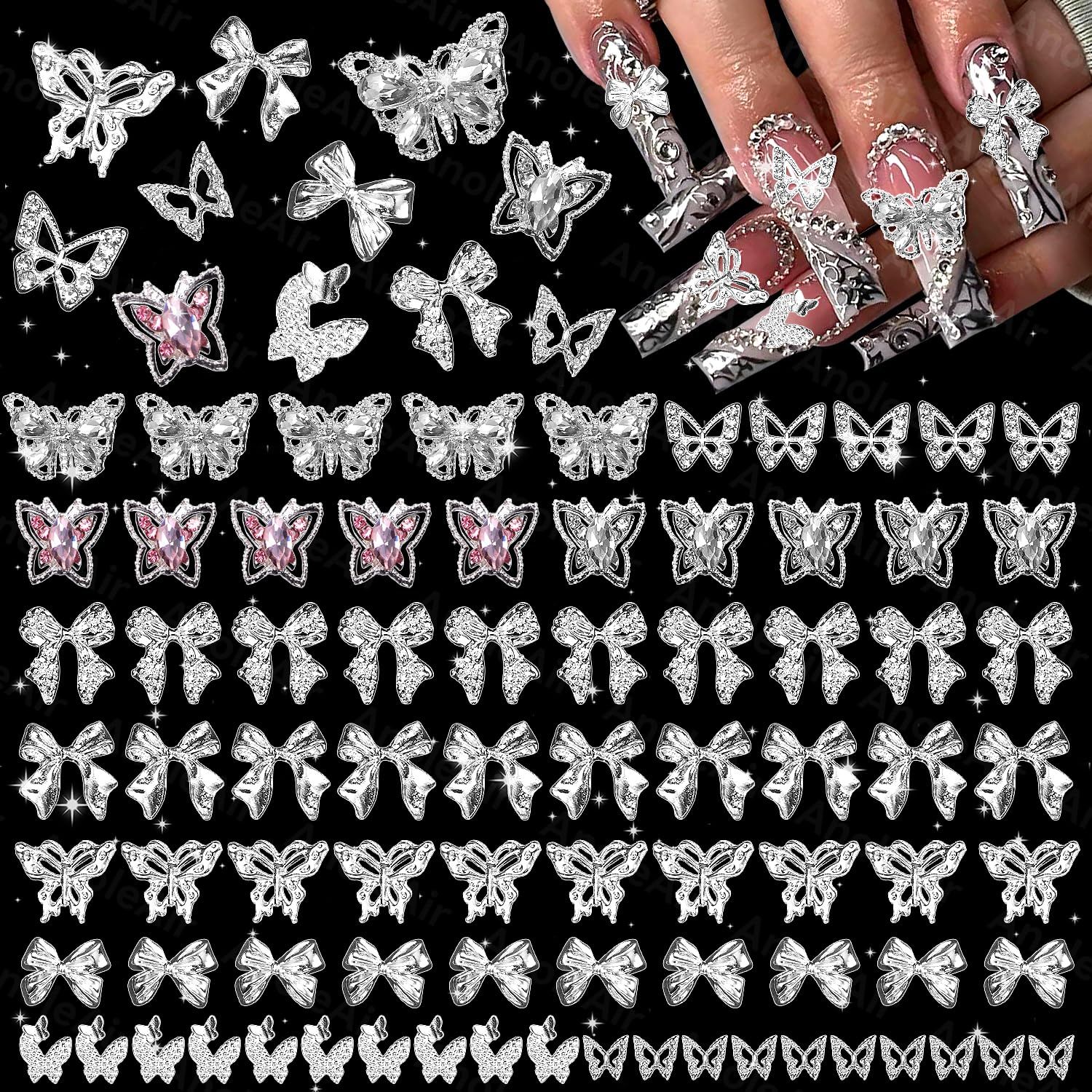 80 Pcs Silver Butterfly Nail Charms and Gems, 3D Pink Color Butterfly Bowknot Nail Art Charms, Alloy Silver Nail Bows Charms, Silver Buttefly Bowknots Nail Charms for Acrylic Nails DIY Y2K