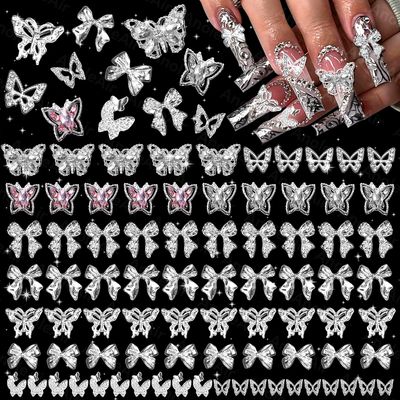 80 Pcs Silver Butterfly Nail Charms and Gems, 3D Pink Color Butterfly Bowknot Nail Art Charms, Alloy Silver Nail Bows Charms, Silver Buttefly Bowknots Nail Charms for Acrylic Nails DIY Y2K