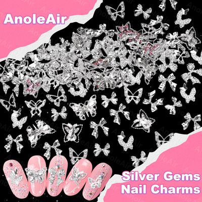 80 Pcs Silver Butterfly Nail Charms and Gems, 3D Pink Color Butterfly Bowknot Nail Art Charms, Alloy Silver Nail Bows Charms, Silver Buttefly Bowknots Nail Charms for Acrylic Nails DIY Y2K