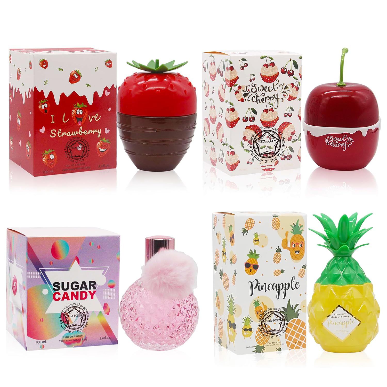 META-BOSEM 4-Pc Perfume Collection Fragrance for Women (I Love StrawberrySweet CherrySweet CandyPineapple), Eau de Parfum Natural Spray - Sweet Scent (Pack of 4) Each 3.4 Fl Oz, Total 13.60 Oz