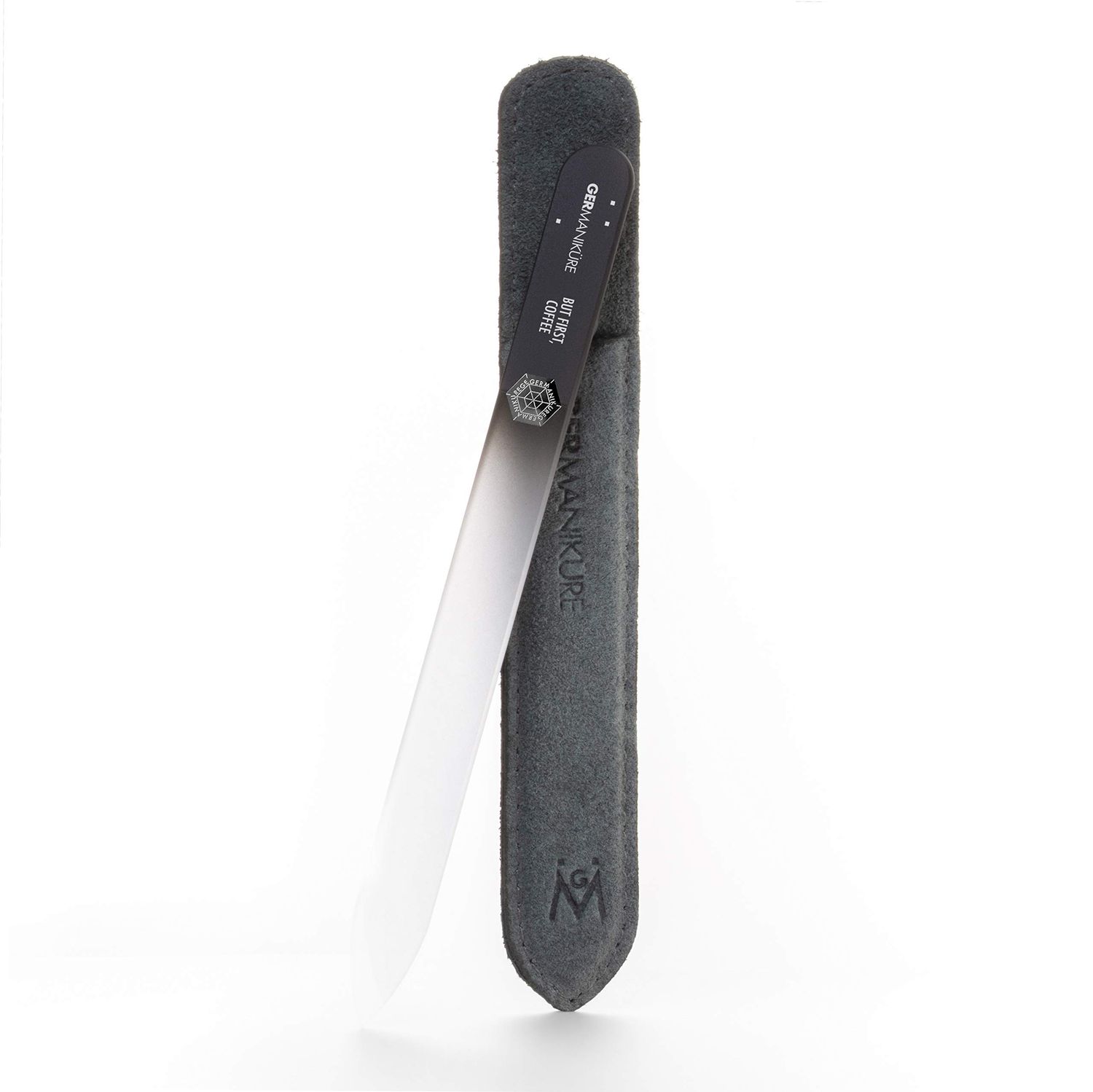 GERMANIKURE Mantra Glass Nail File in Suede Case, Ethically Made in Czech Republic - Professional Manicure &amp; Pedicure Tools for Smooth Easy Shaping of Natural Fingernails