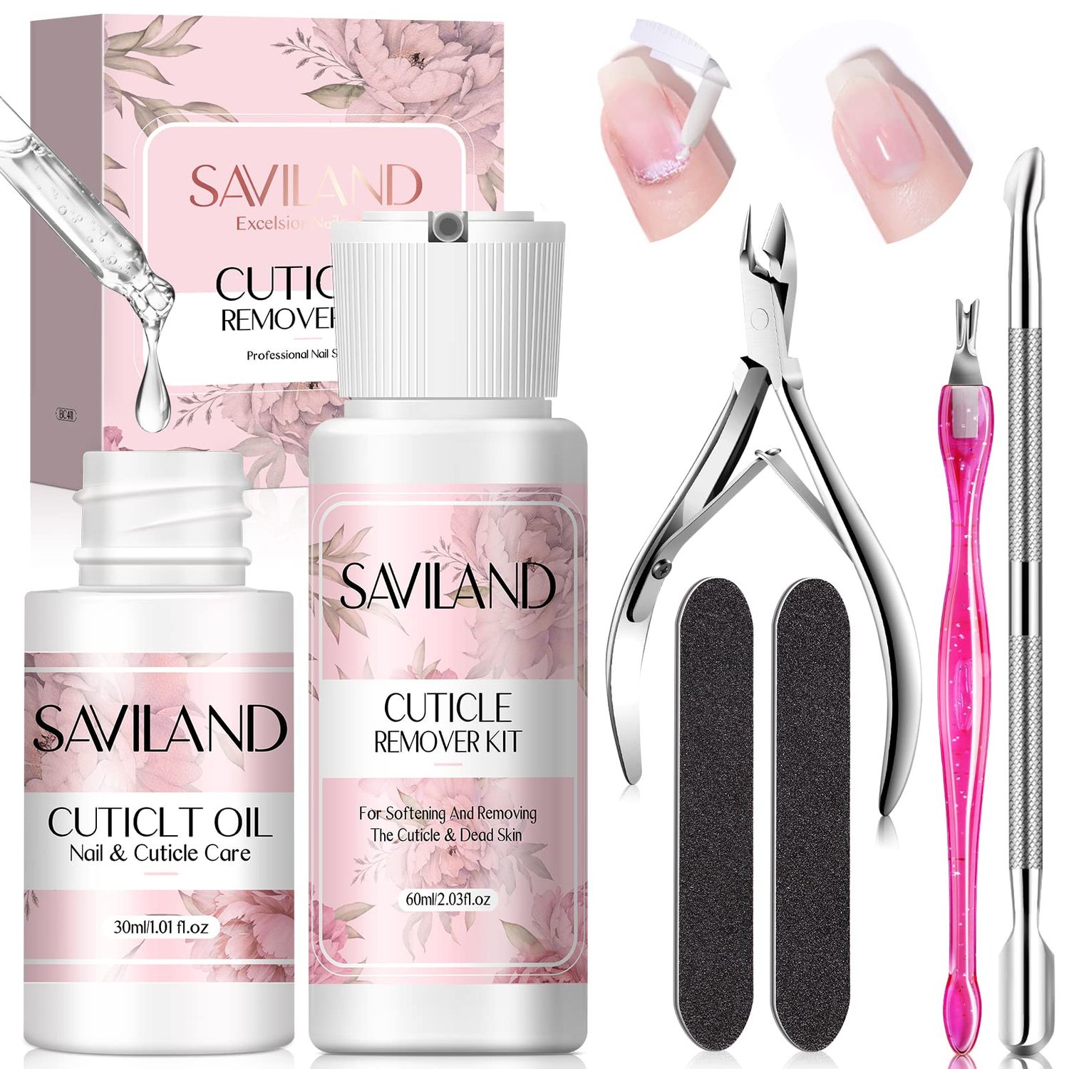 SAVILAND Cuticle Remover and Cuticle Oil Kit - Nail Care Kit with Cuticle Remover Liquid &amp; 1.01 oz Cuticle Oil Cuticle Trimmer for Cuticle Softener &amp; Moisturize Manicure Kit for Home Use
