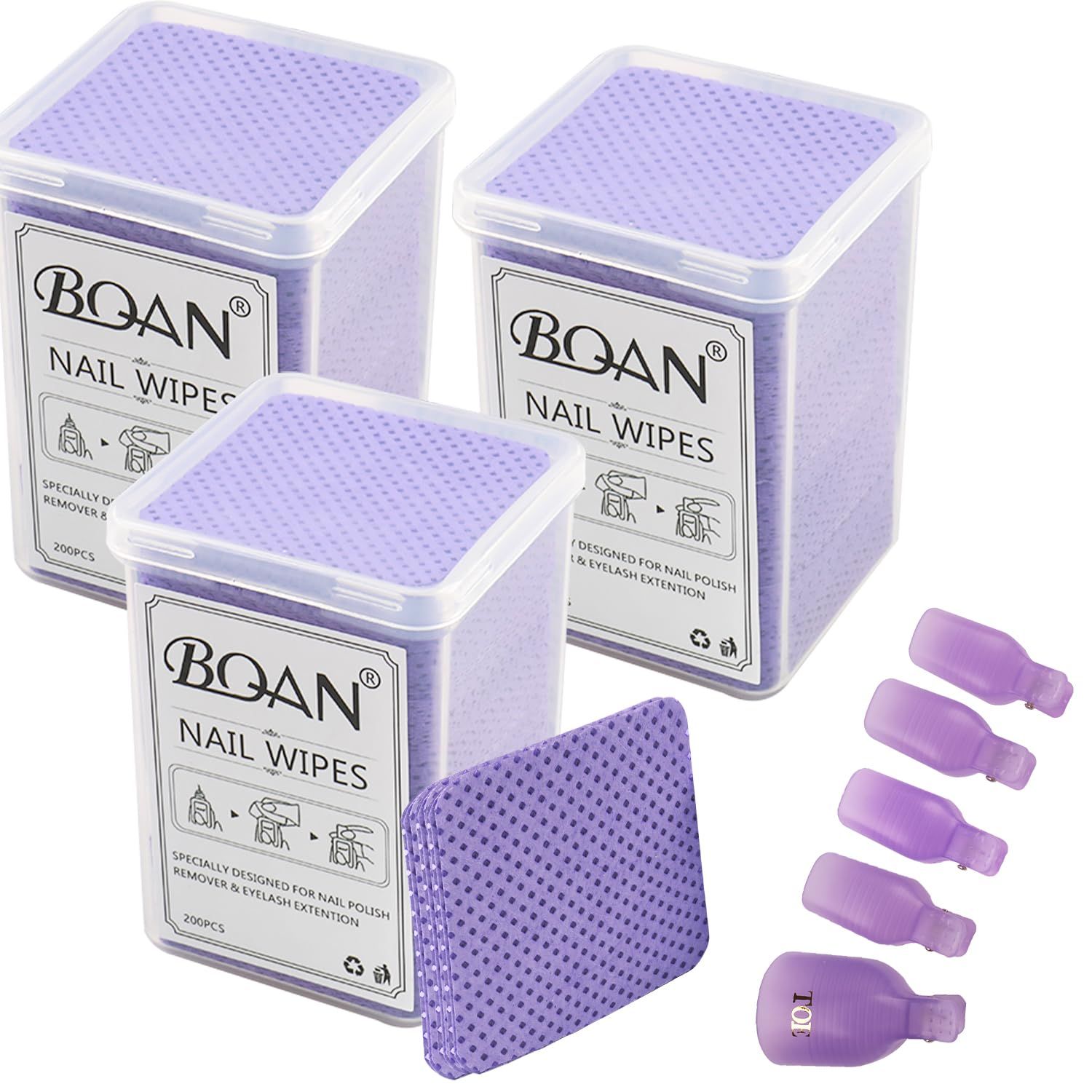 600 PCS Lint Free Nail Wipes, BQAN Nail Polish Remover Pads Pink For lash extensions &amp; Nail Polish Bottle With 5PCS Nail Soak Off Clips (Purple)
