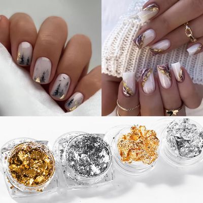 2 Bottles Gold Foil for Nails - Golden Glitter Design, Foil Fragments and Irregular Flakes for 3D Nail Sequins Decoration