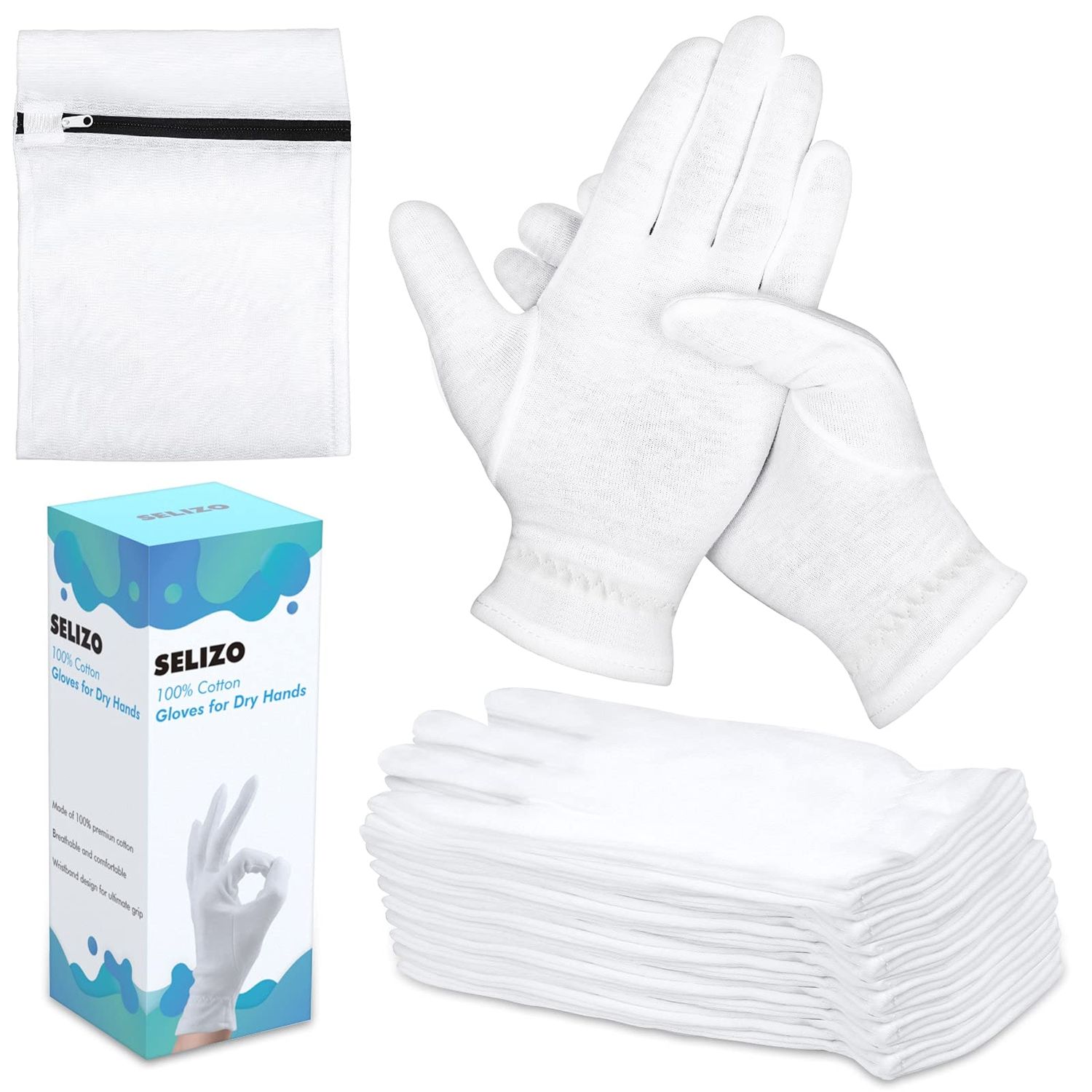 10 Pairs 100 Moisturizing Gloves for Dry Hands Overnight, Selizo 10 Pairs White Cotton Gloves for Women Eczema, Hand Moisturizer Sleeping Spa Gloves for Dry Hands Eczema