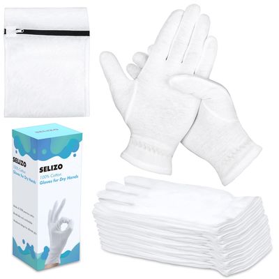 10 Pairs 100 Moisturizing Gloves for Dry Hands Overnight, Selizo 10 Pairs White Cotton Gloves for Women Eczema, Hand Moisturizer Sleeping Spa Gloves for Dry Hands Eczema