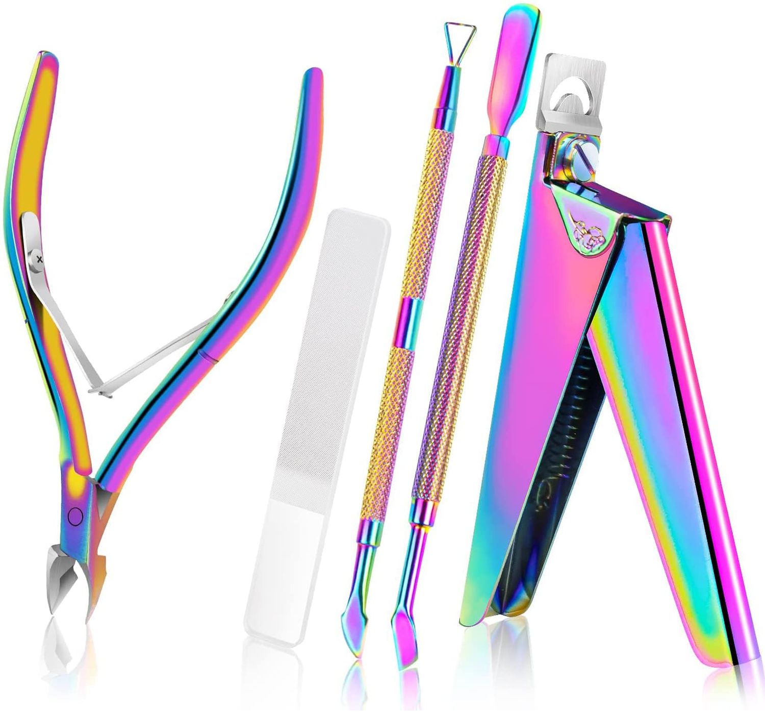 alles Acrylic Nail Clippers 5 in 1 Kit with Glass Nail File Cuticle Trimmer Nipper Cuticle Pusher Nail Gel Polish Remover Stainless Steel Professional Manicure Pedicure Tools for Finger Toe Nails