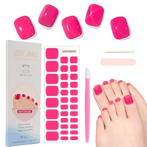 XEAOHESY 32pcs Semi Cured Gel Toenail Strips, Gel Pedicure Strips, Toe Nail Stickers, Needs to Be Cured With a Lamp, Come With Nail File, Wood Cuticle Stick, Plastic Press StickDark Pink
