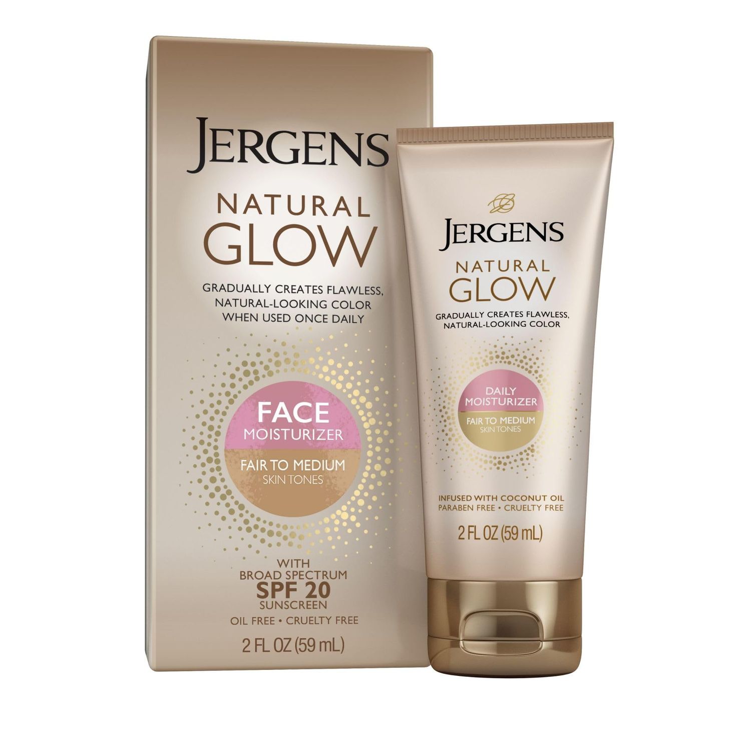 Jergens Natural Glow Face Self Tanner Body Lotion with SPF 20, Fair to Medium Skin Tone, Sunless Tanning, Daily Facial Sunscreen, Oil Free, Broad Spectrum UVA and UVB Protection, 2 Oz