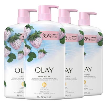 Olay Fresh Outlast White Strawberry &amp; Mint Scent Body Wash for Women, 33 fl oz (Pack of 4)