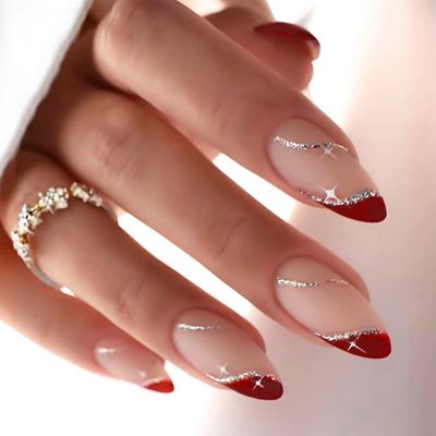 Red French Tip Press on Nails Silver Glitter Lines False Nails Matte Star Acrylic Glue on Nails Long Almond Artificial Fake Nails for Women Girls DIY Nail Art
