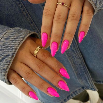 Hot Pink Press on Nails Almond Shaped 48Pcs Neutral Thick Fake Nails for Women Medium Neon Almond Nails Press on Reusable Acrylic Nails Glue on Medium Length Stiletto False Nails Gel Artificial Nails