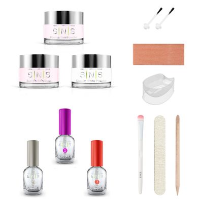 SNS Nail Dip Powder &amp; Dip Essentials Nail Color Kit, DIY Starter Bundle (Pink &amp; White) - Foundation Powder, Dip Activator &amp; Top Coat, Brushes, Cuticle Pusher, Nail File, Buffer, &amp; French Dip Mold
