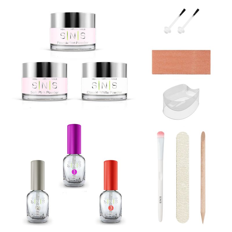 SNS Nail Dip Powder &amp; Dip Essentials Nail Color Kit, DIY Starter Bundle (Pink &amp; White) - Foundation Powder, Dip Activator &amp; Top Coat, Brushes, Cuticle Pusher, Nail File, Buffer, &amp; French Dip Mold