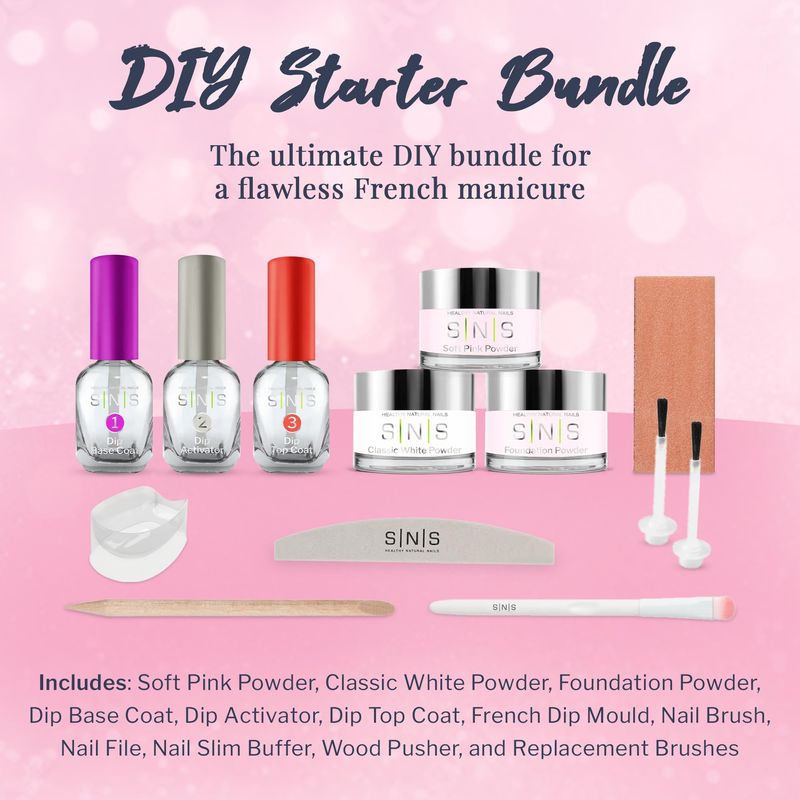 SNS Nail Dip Powder &amp; Dip Essentials Nail Color Kit, DIY Starter Bundle (Pink &amp; White) - Foundation Powder, Dip Activator &amp; Top Coat, Brushes, Cuticle Pusher, Nail File, Buffer, &amp; French Dip Mold